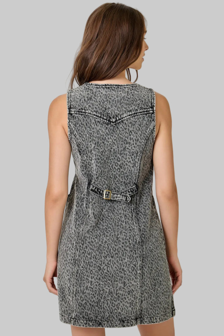 WASHED DENIM LEOPARD PRINT DRESS - COOL GREY