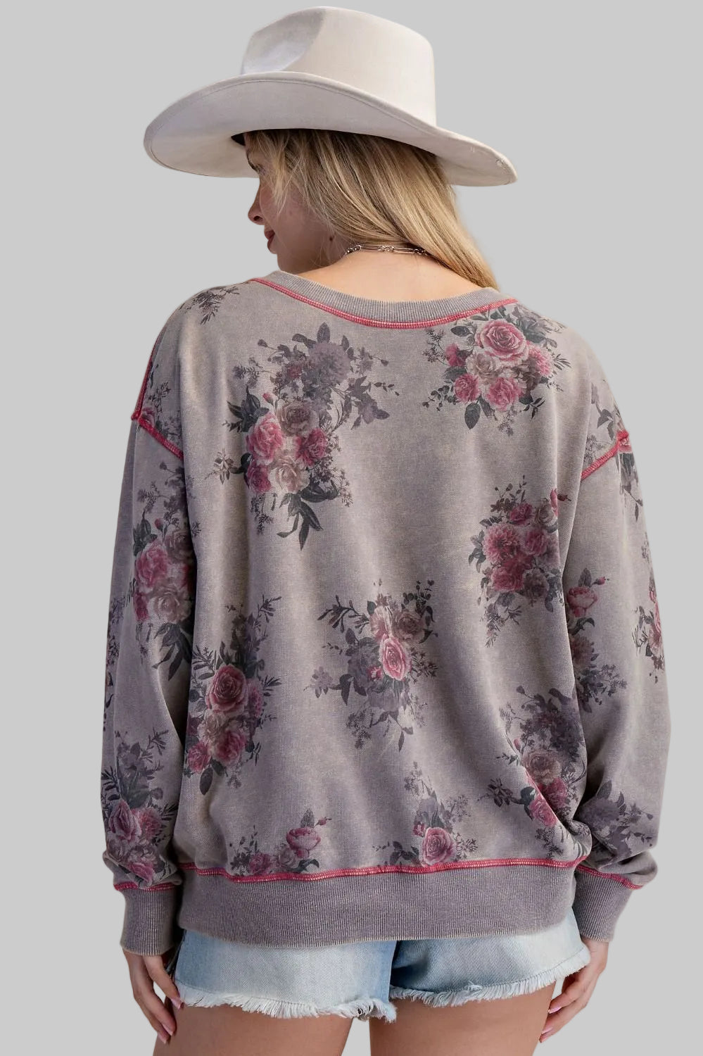 L/S FLORAL PRINT WASHED TERRY OVERSIZED PULLOVER - ASH