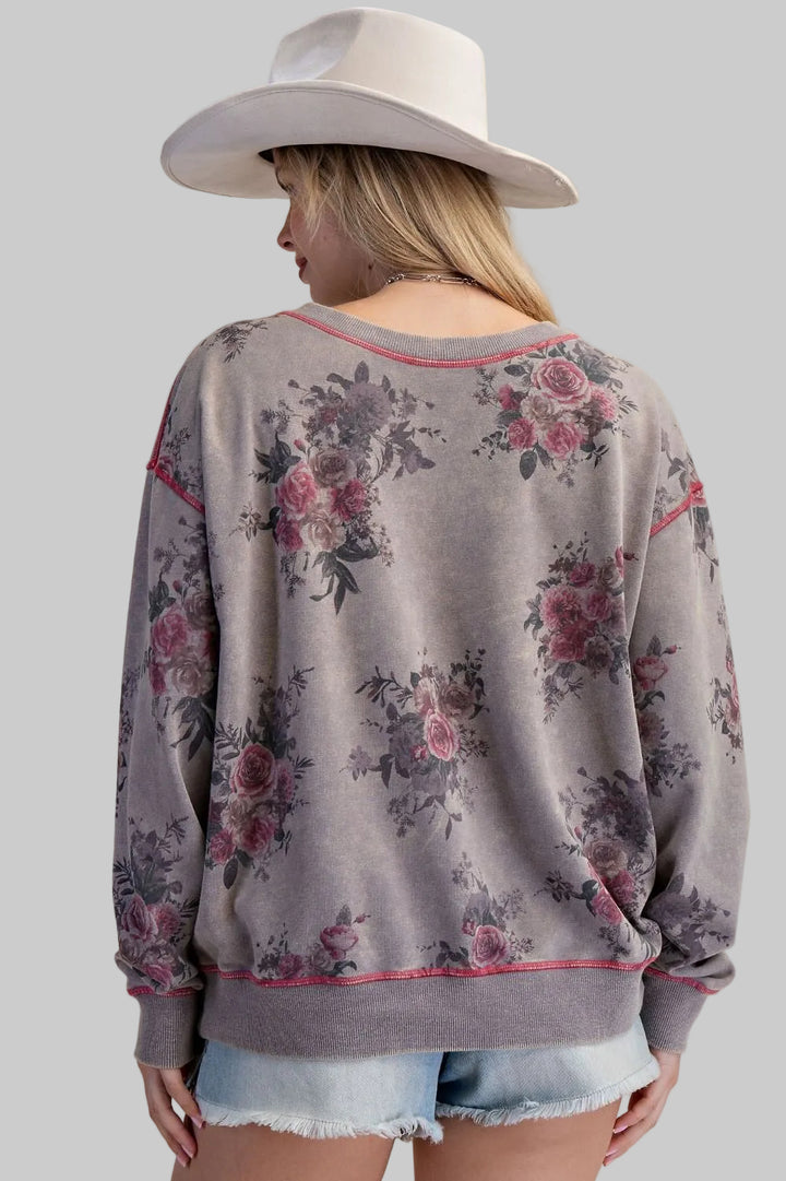 L/S FLORAL PRINT WASHED TERRY OVERSIZED PULLOVER - ASH