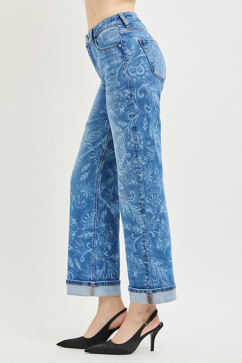 RISEN MR ANKLE STRAIGHT LEG PRINTED JEANS - MEDIUM - 28"/30" INSEAM