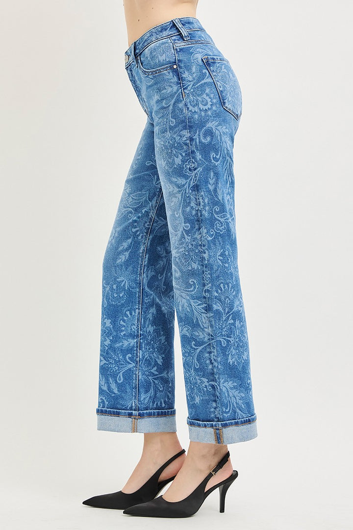 RISEN MR ANKLE STRAIGHT LEG PRINTED JEANS - MEDIUM - 28"/30" INSEAM