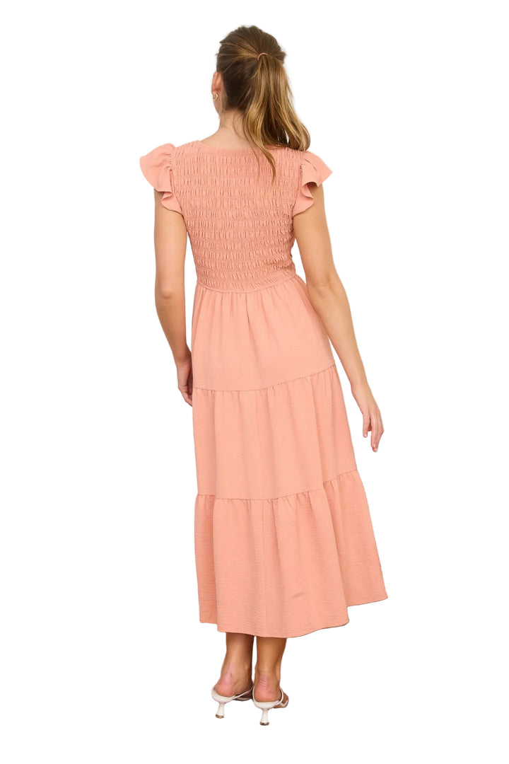 FLUTTER SLEEVE SMOCKED BODICE MIDI DRESS - PEACH