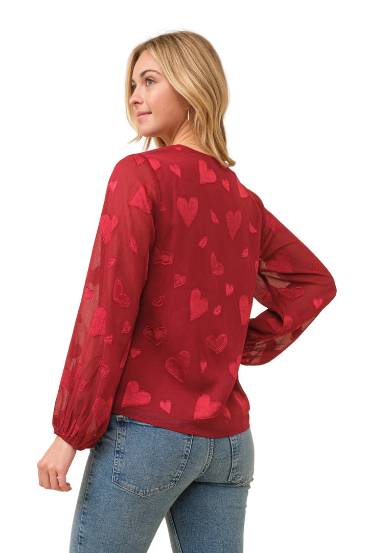 EMBROIDERED HEART CHIFFON LONG SLEEVE TOP - WINE
