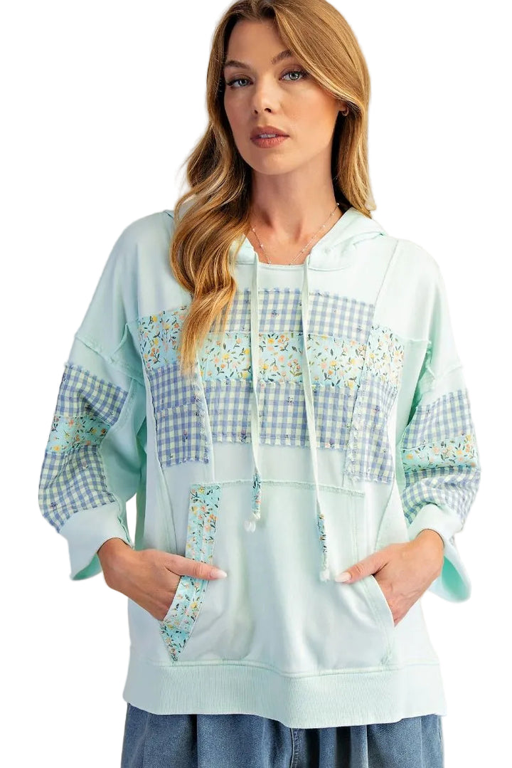 FLORAL PRINT MIX WASHED HOODED PULLOVER - MINT BLUE