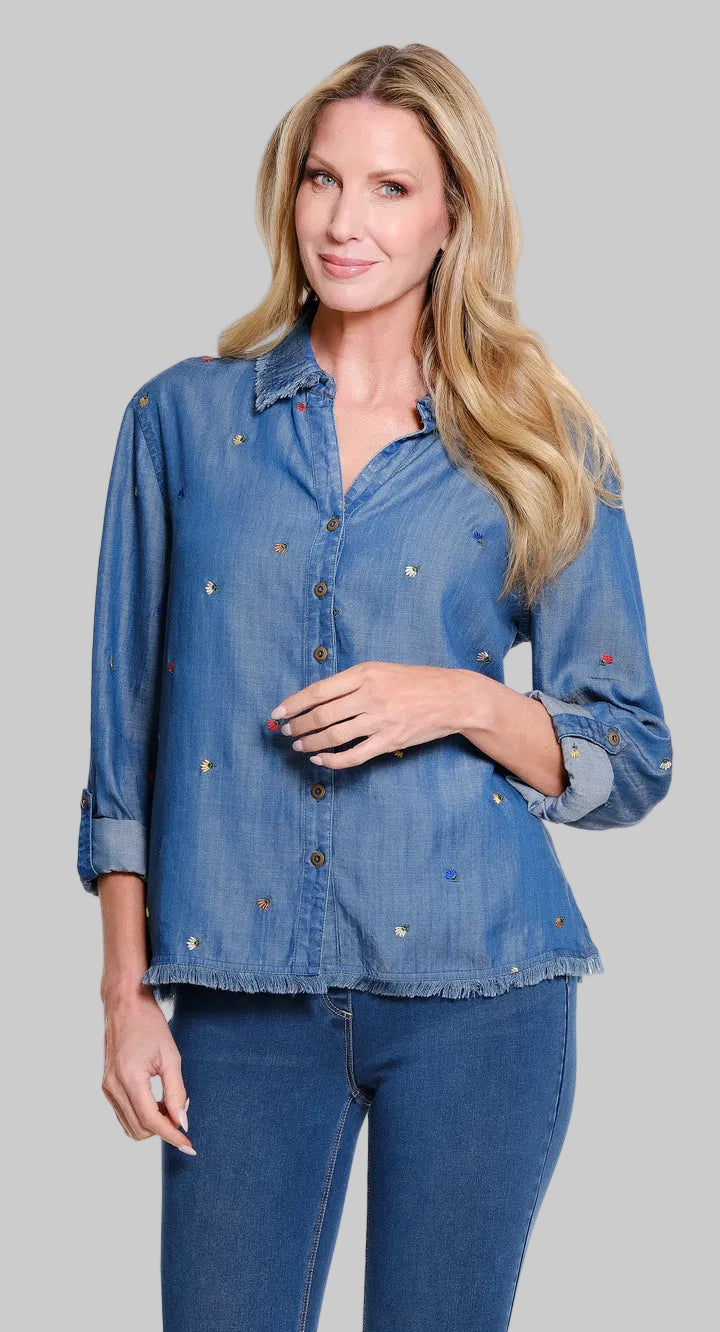 L/S ROLL TAB EMBROIDERED BUTTON FRONT TOP - DARK DENIM