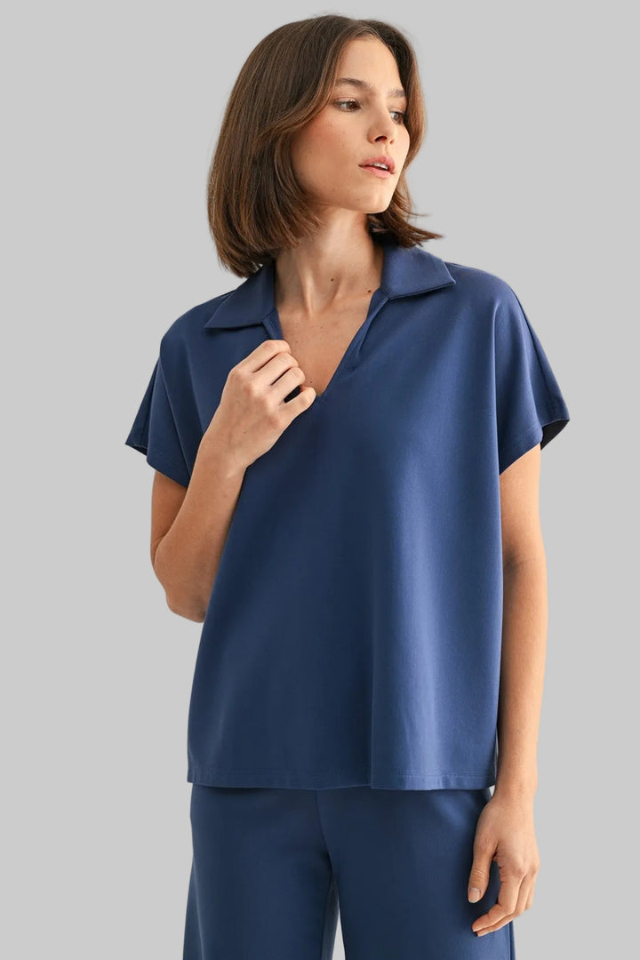 WIDE SHOULDER COLLARED KNIT TOP - SLATE