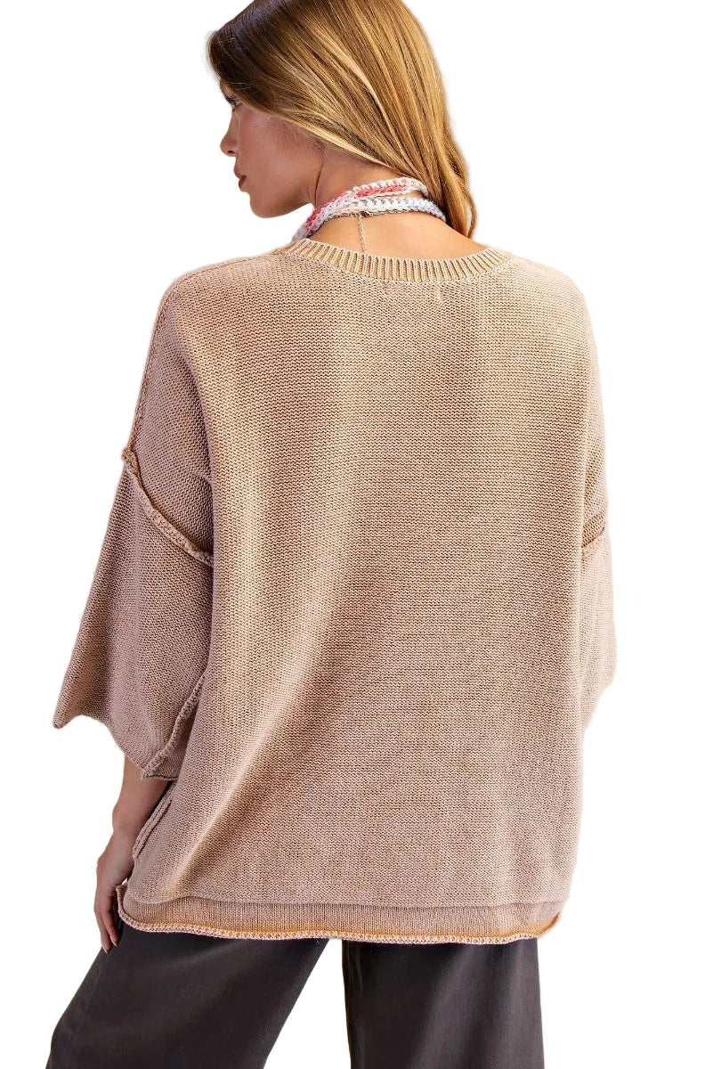 MINERAL WASHED LOOSE FIT KNIT SWEATER - LATTE