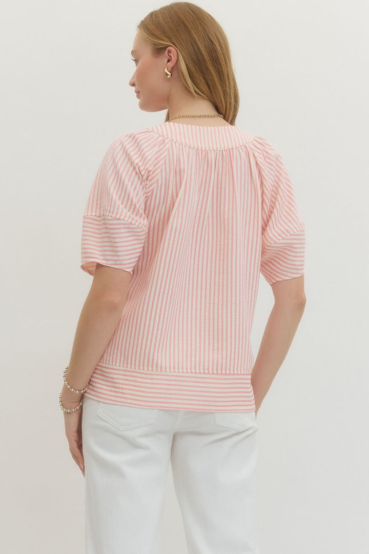 SHORT SLEEVE STRIPED WOVEN TOP - PINK