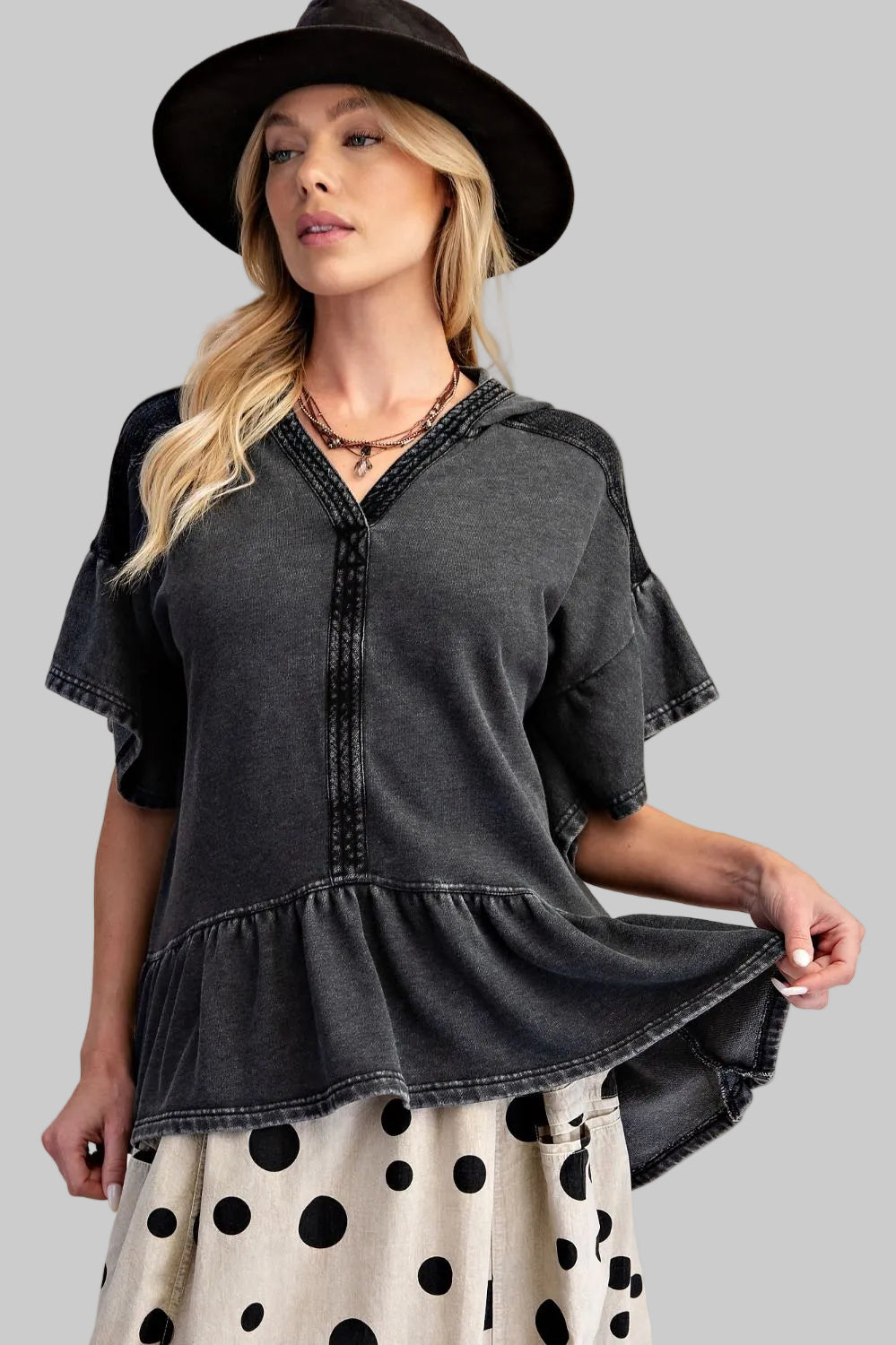 SHORT DOLMAN SLEEVE RUFFLE HEM TERRY TOP - ASH