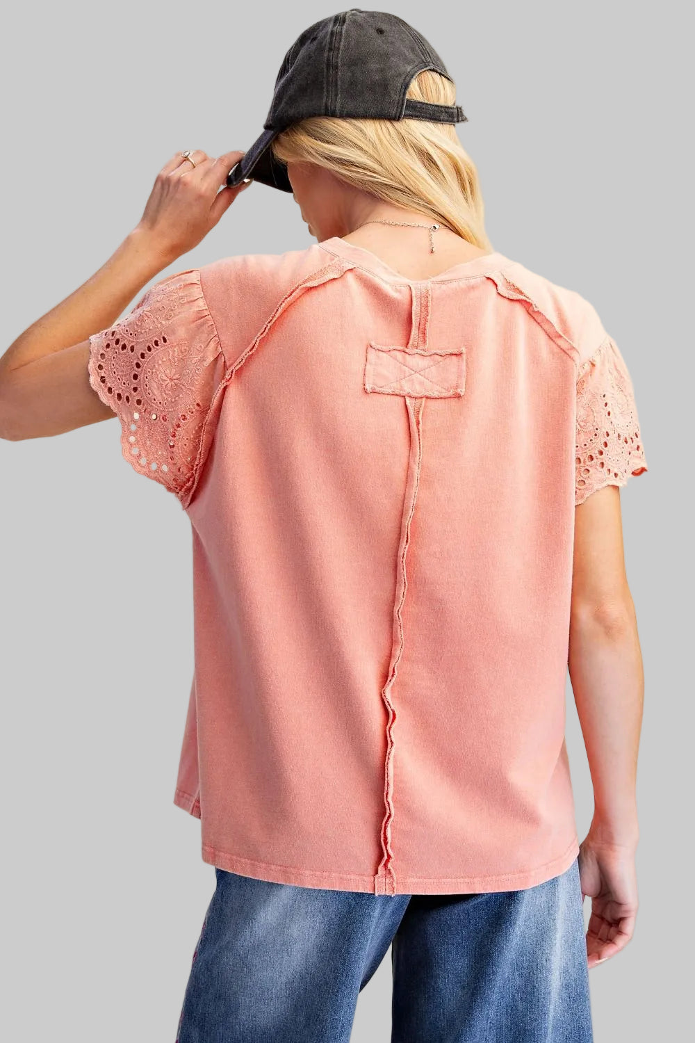 LACE SLEEVE CROCHET PATCH TERRY KNIT TOP - STRAWBERRY