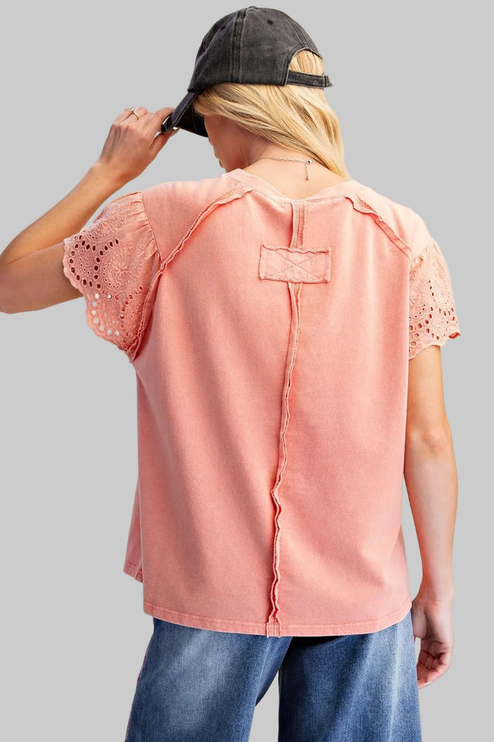 LACE SLEEVE CROCHET PATCH TERRY KNIT TOP - STRAWBERRY