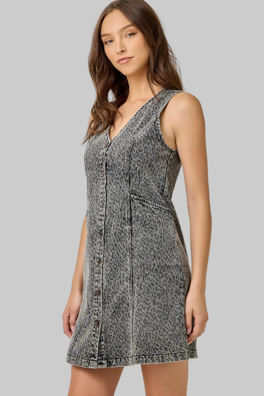 WASHED DENIM LEOPARD PRINT DRESS - COOL GREY