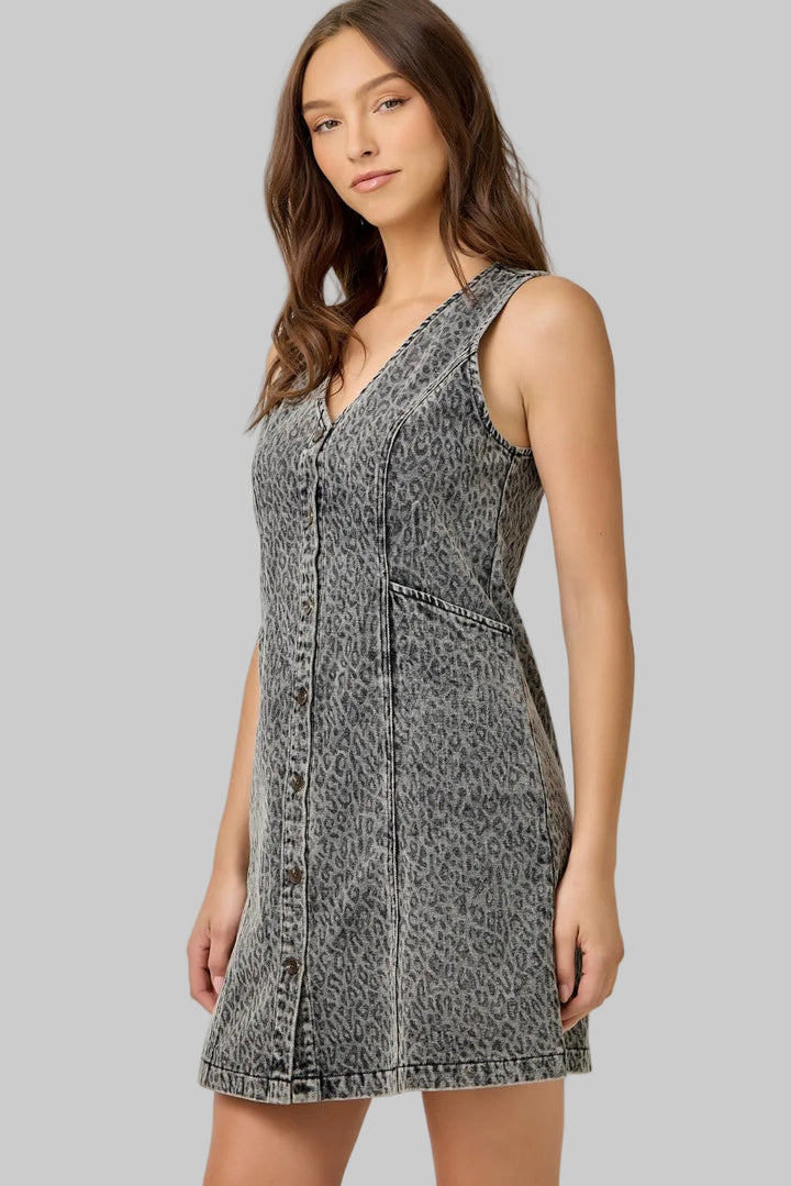 WASHED DENIM LEOPARD PRINT DRESS - COOL GREY