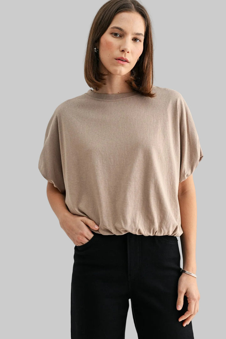 BALLOON SLEEVE ELASTIC HEM TOP - TAUPE