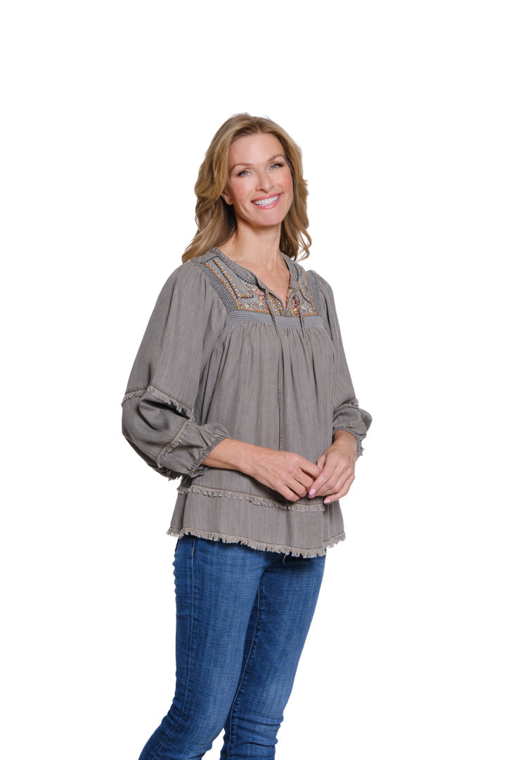 3/4 RAGLAN SLEEVE TIE NECK SHIRRED TOP W/EMBROIDERY - MEDIUM GREY