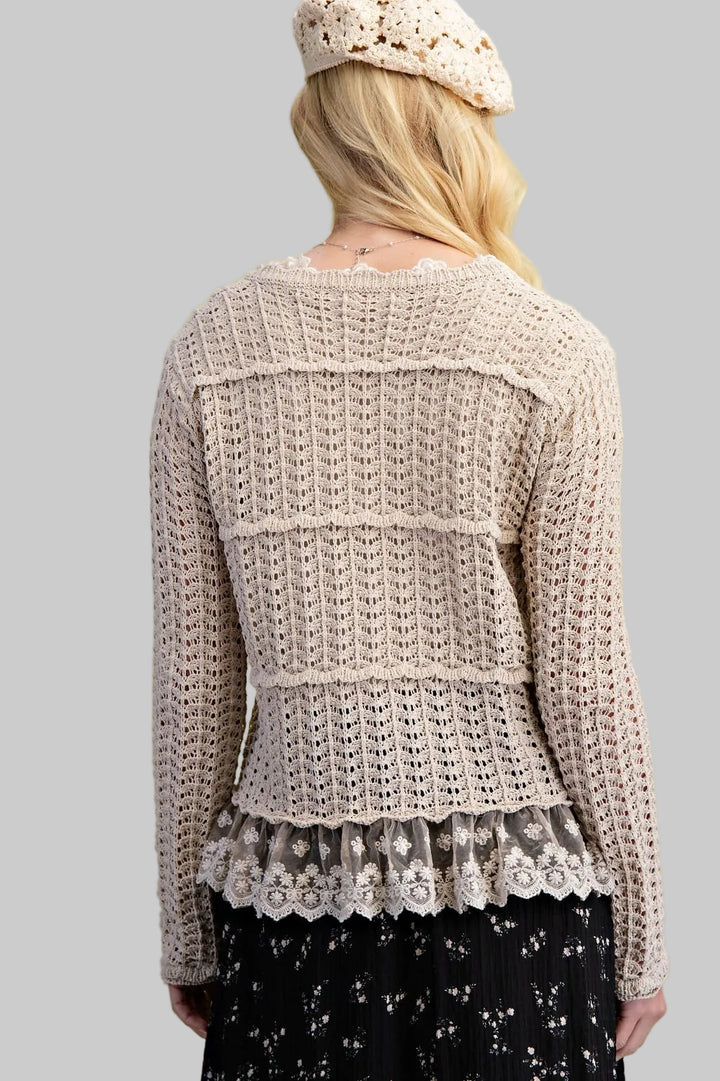 L/S LACE BOTTOM KNIT CARDIGAN - NATURAL