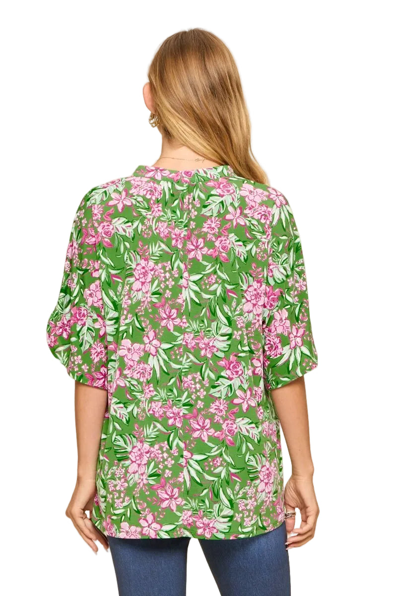 DEAR SCARLETT STRETCHY LIZZY BREEZE BLOUSE - GREEN/PINK FLORAL