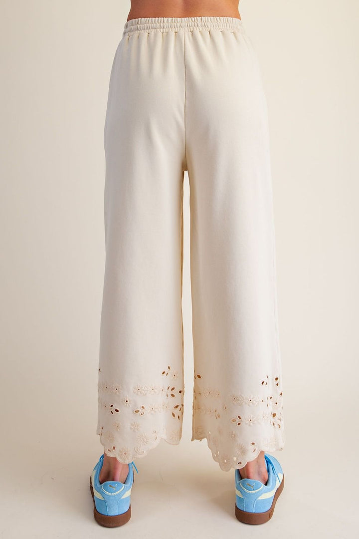EMBROIDERY DETAIL TERRY KNIT PANTS - NATURAL