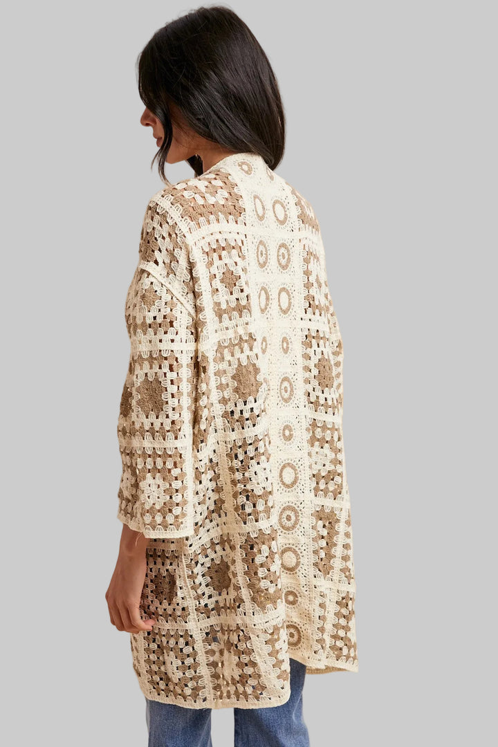 LONG SLEEVE CROCHET LONG OPEN CARDIGAN - CREAM/MOCHA
