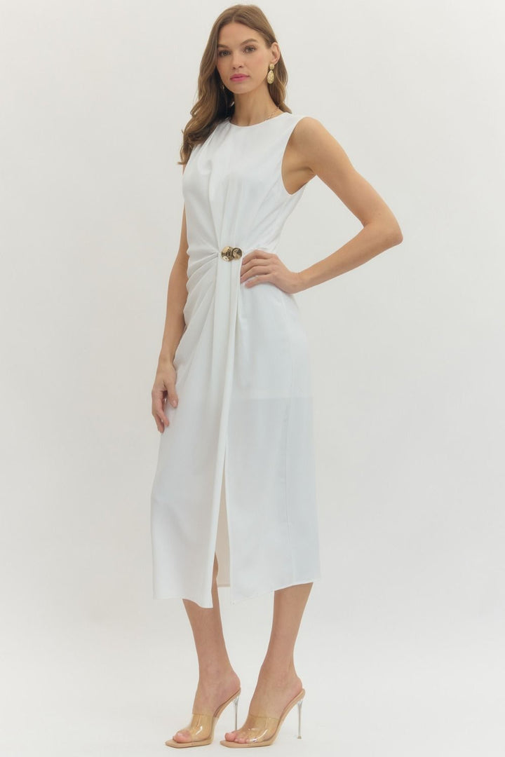SLEEVELESS SLIT HEM PLEATED MIDI DRESS - OFF WHITE