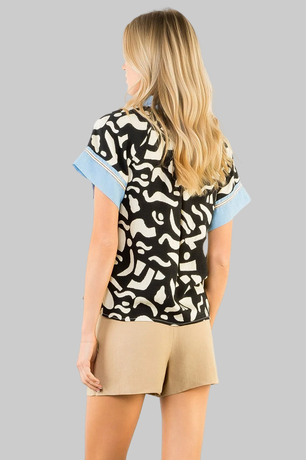 SHORT SLEEVE CONTRAST NECK TOP - BLUE/BLACK