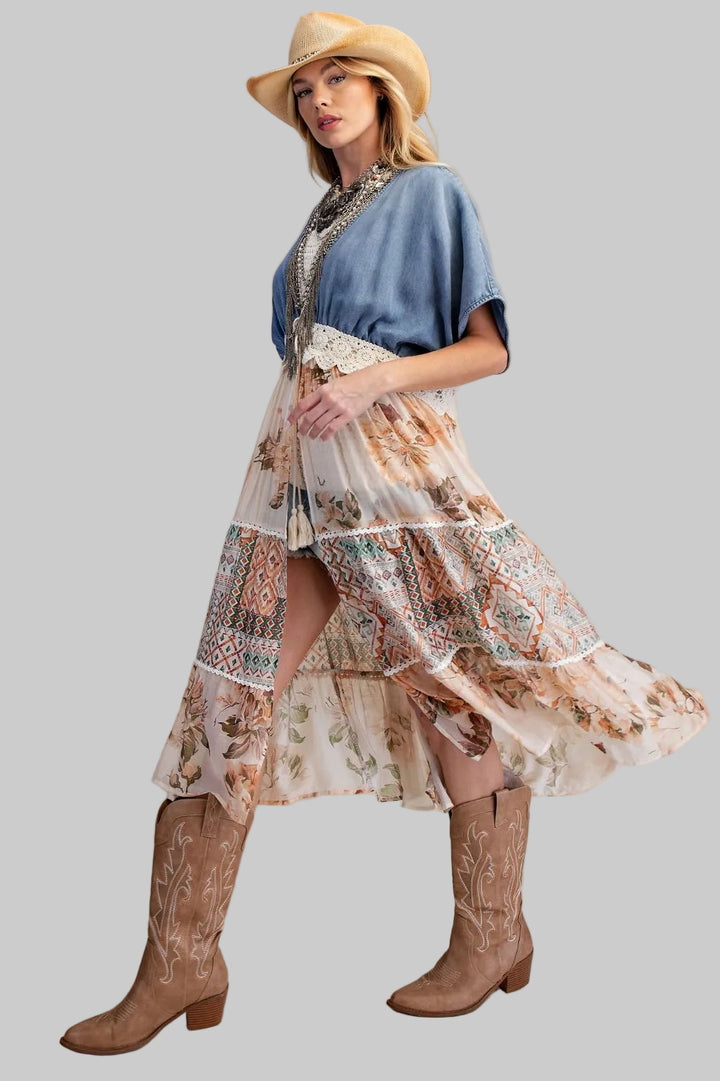 SHORT SLEEVE DENIM/WOVEN MIX OPEN MIDI KIMONO - WASHED DENIM