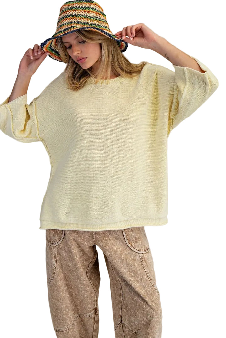 MINERAL WASHED LOOSE FIT KNIT SWEATER - LEMON
