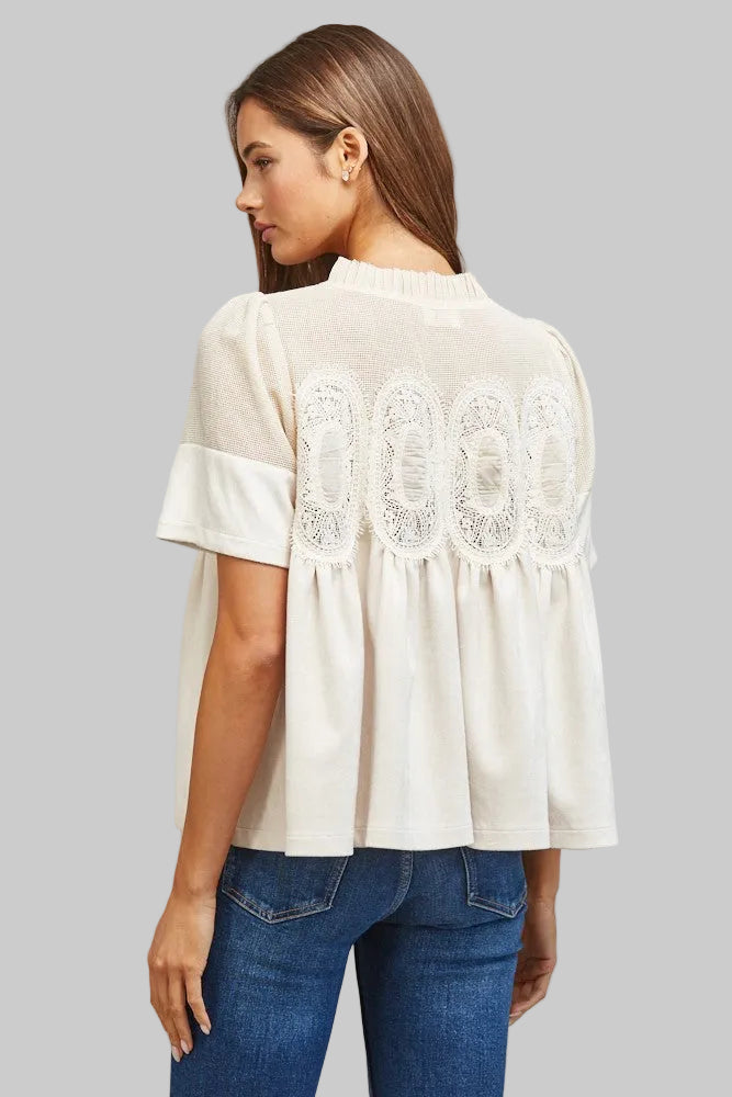 SHEER MESH W/LACE DETAIL FAUX SUEDE FLOWY TOP - IVORY