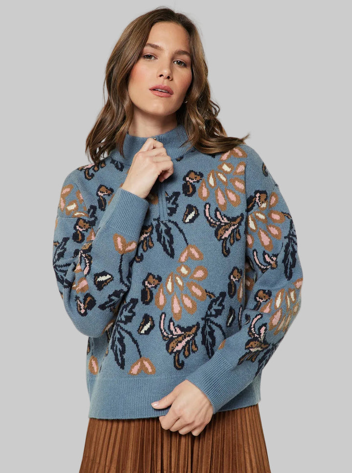 L/S PATTERN JACQUARD HALF ZIP SWEATER - DUSTY BLUE