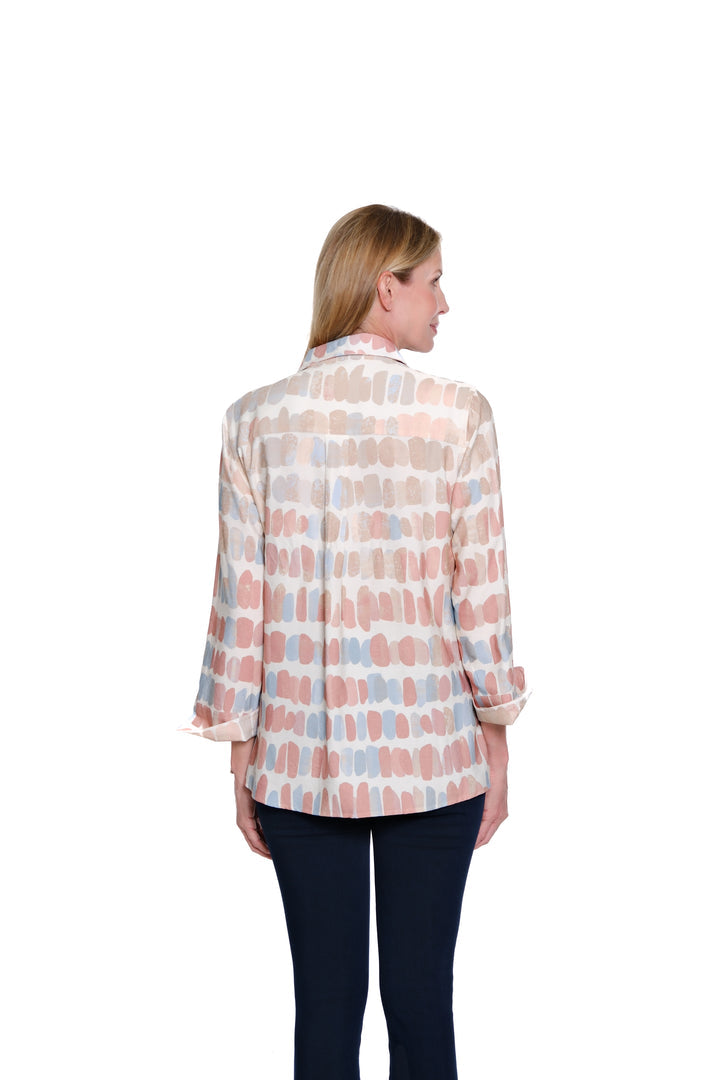 TURN-UP CUFF 3/4 SLEEVE BUTTON FRONT SHIRT - TAN MULTI STONE PRINT