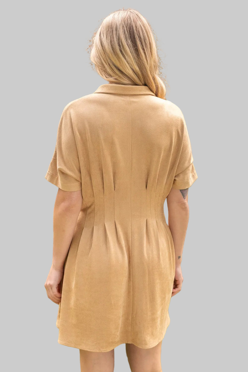 DOLMAN SLEEVE PLEATED WAIST SHIRT DRESS - TAUPE