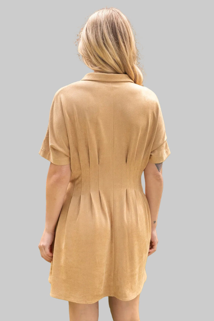 DOLMAN SLEEVE PLEATED WAIST SHIRT DRESS - TAUPE