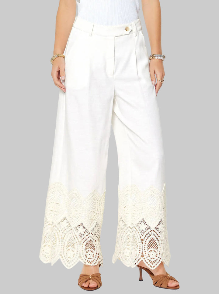 HIGH WAIST CROCHET DETAIL WIDE LEG PANTS - IVORY