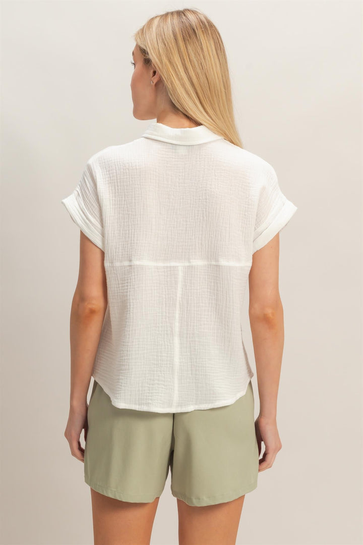 ROLLED SHORT SLEEVE COLLARED BUTTON UP TOP - OFF WHITE