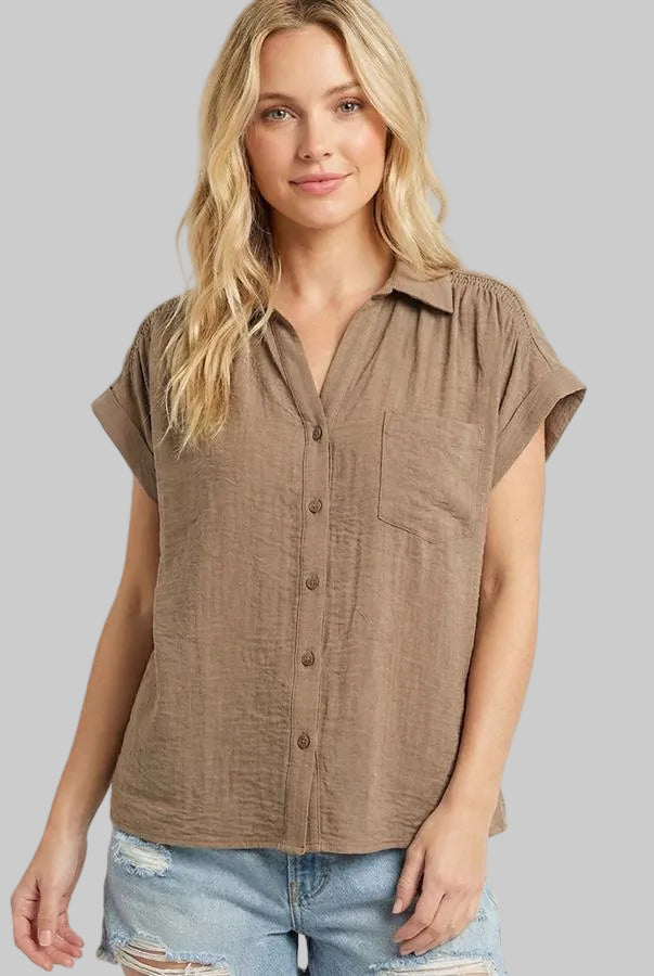 DROP SHOULDER BUTTON UP SHIRT-  CAMEL