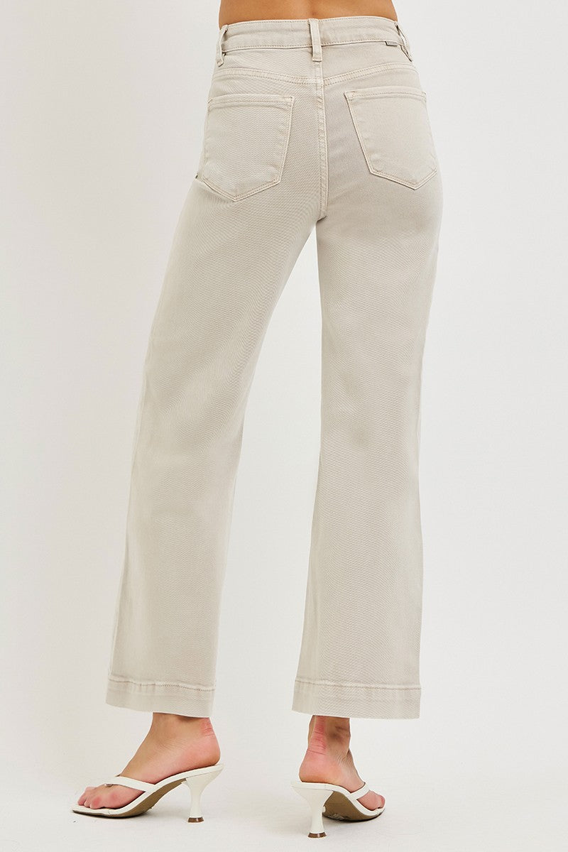RISEN TUMMY CONTROL HR CROP WIDE LEG JEANS - 27.5" INSEAM - ALMOND