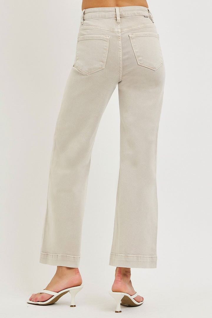 RISEN TUMMY CONTROL HR CROP WIDE LEG JEANS - 27.5" INSEAM - ALMOND