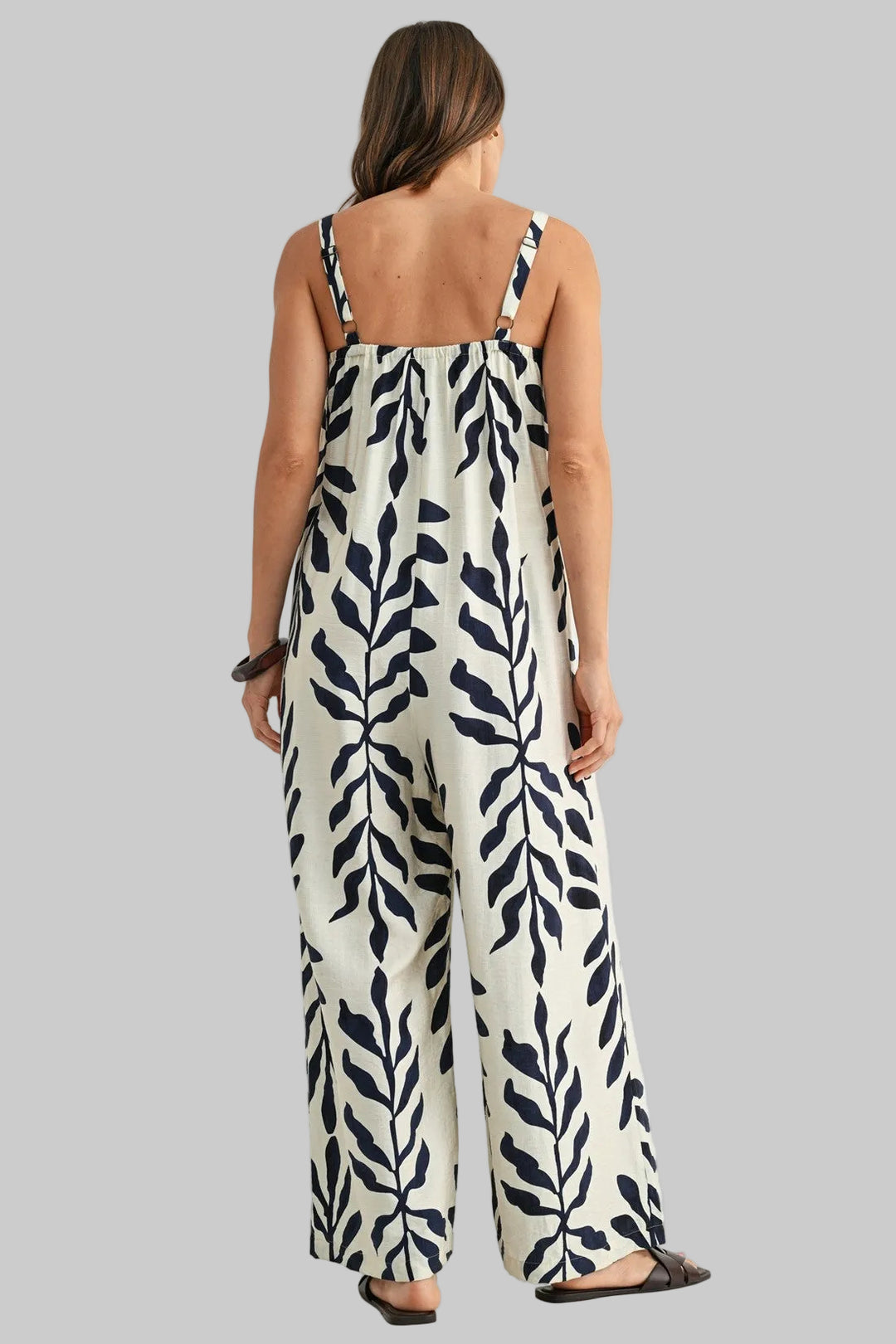 SLEEVELESS LEAF PRINT JUMPSUIT - IVORY/NAVY