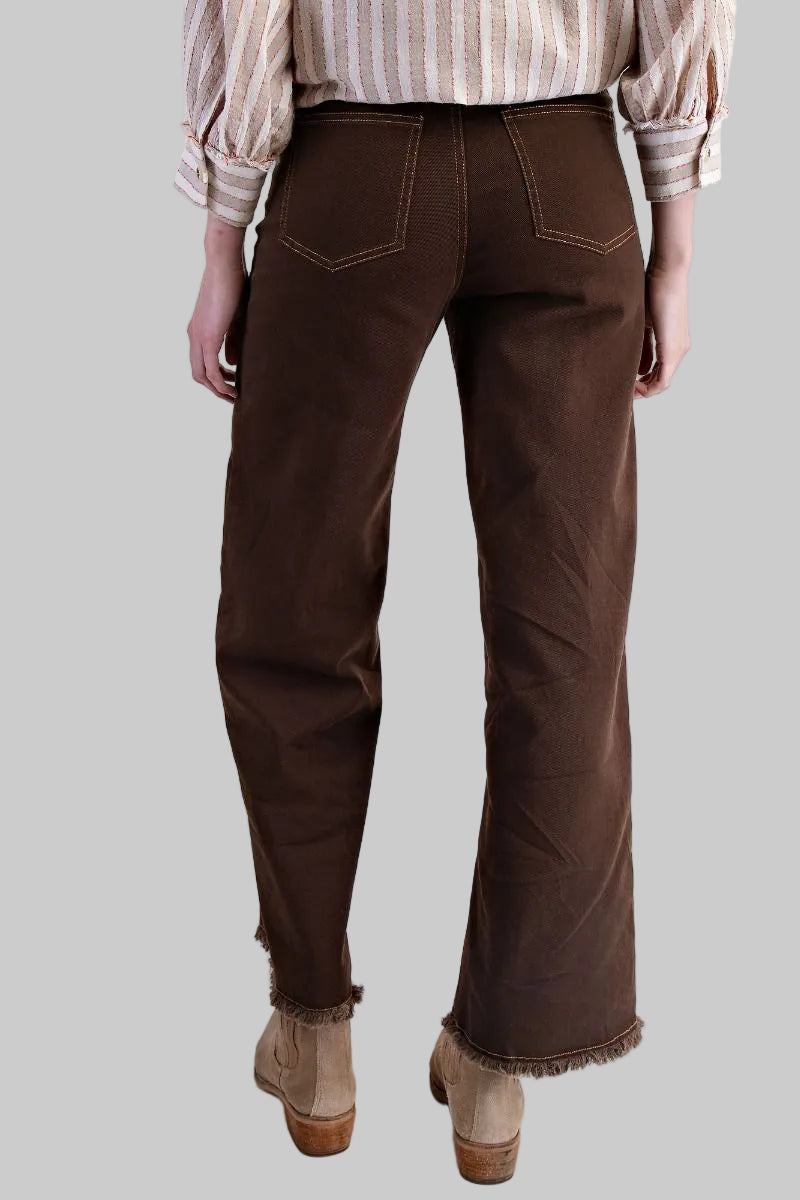 FRAY BOTTOM WASHED STRETCH TWILL PANTS - COFFEE