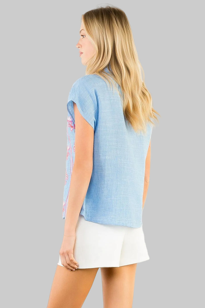 SHORT SLEEVE SPLIT V-NECK PATTERN TOP - BLUE