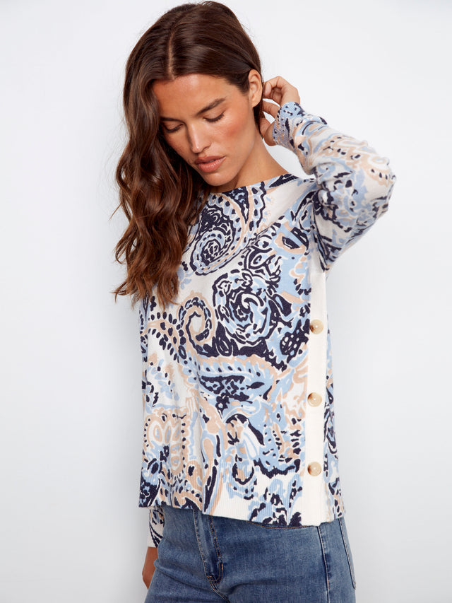 PRINTED SWEATER W/SIDE BUTTONS - ROCOCO