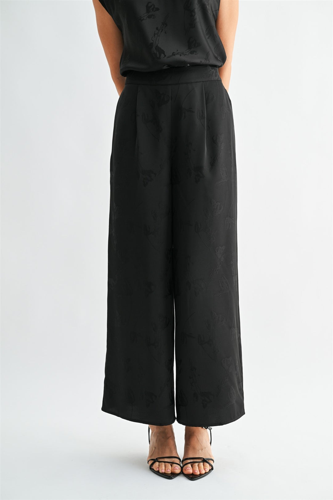 SATIN WIDE LEG JACQUARD PANTS - BLACK