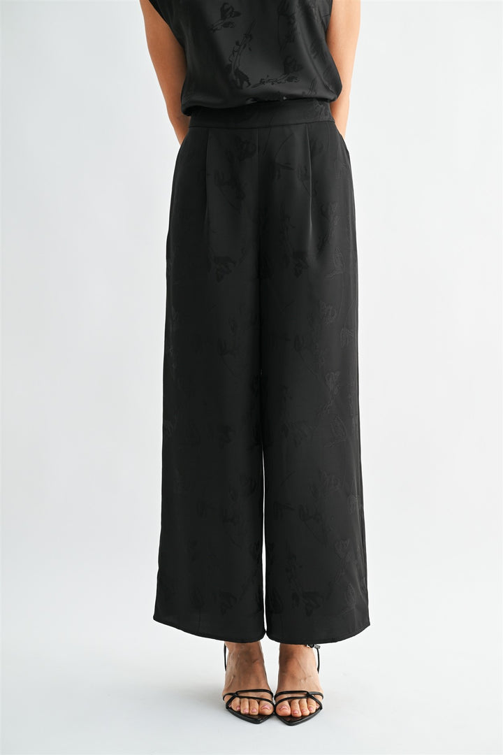 SATIN WIDE LEG JACQUARD PANTS - BLACK
