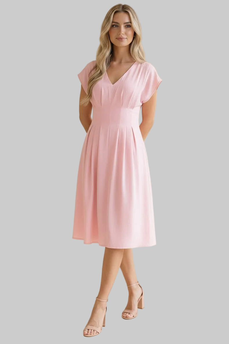 CAP SLEEVE V-NECK PLEATED WOVEN DRESS - BLUSH