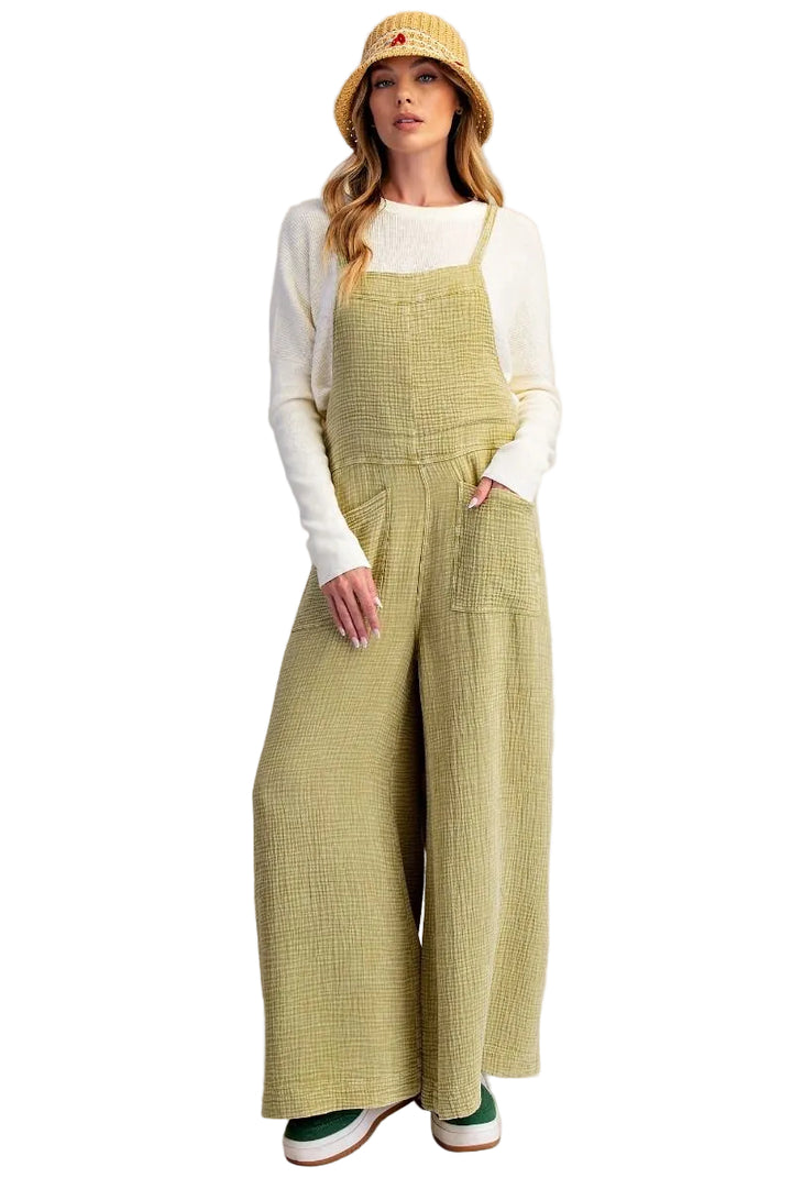WASHED COTTON WIDE LEG JUMPSUIT - SAGE