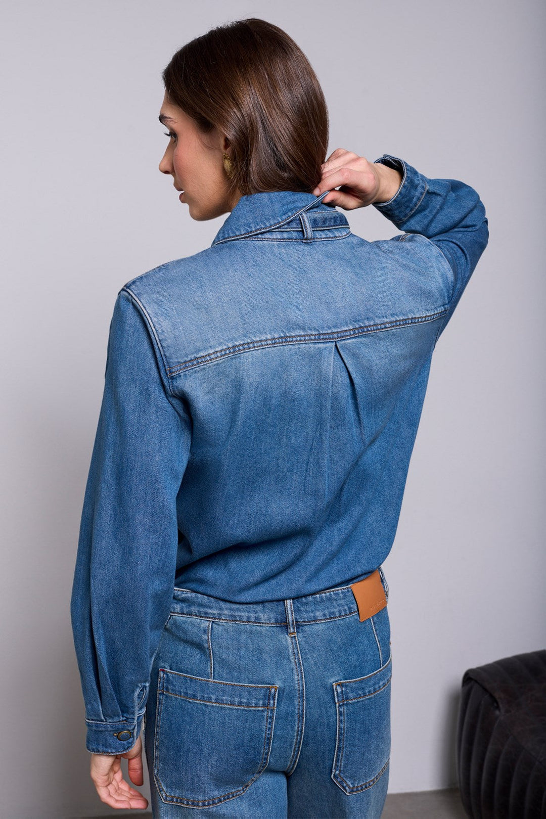 LONG SLEEVE DENIM BLOUSE WITH REMOVABLE SELF TIE - AUTHENTIC BLUE