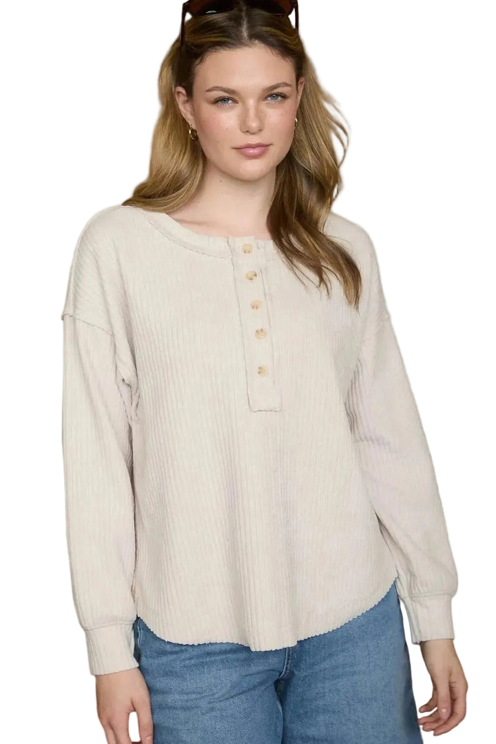 RIBBED HENLEY LONG SLEEVE EXPOSED SEAM KNIT TOP - OATMEAL