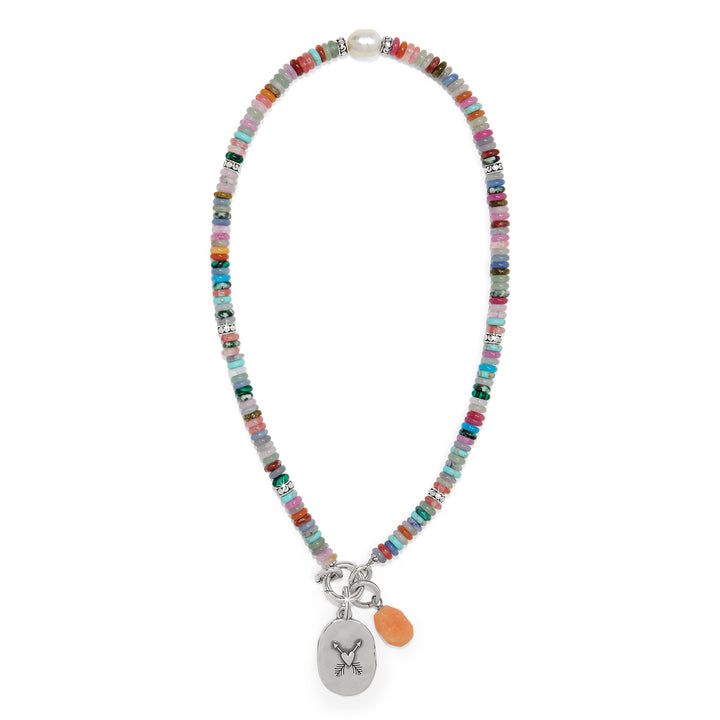 Token Charm Mix Gemstone Necklace - Silver-Multi