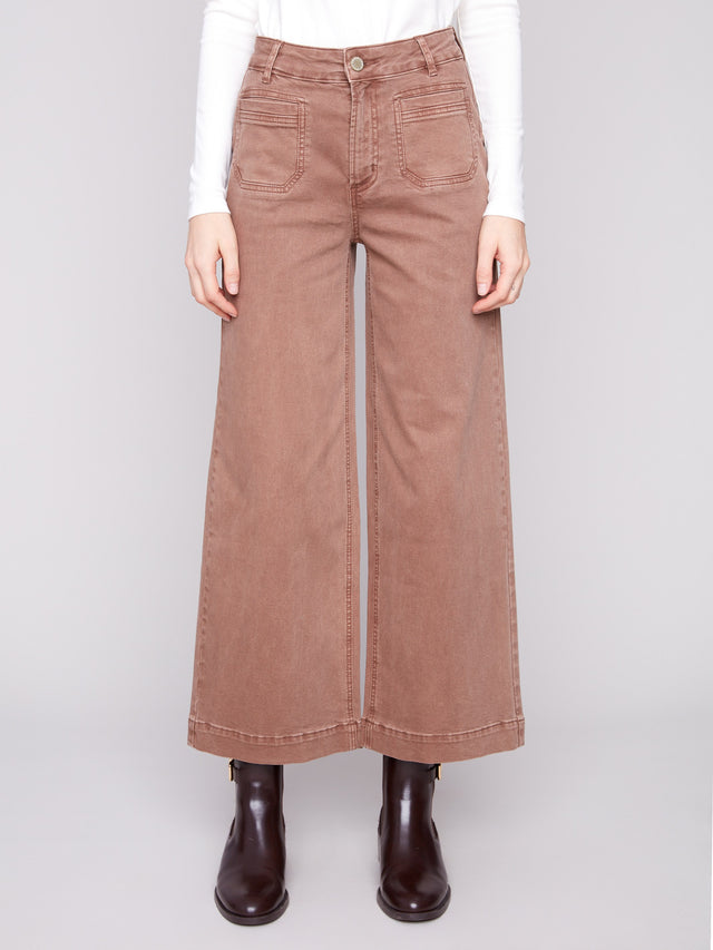 CROPPED PATCH POCKET FLARE TWILL PANTS - TRUFFLE