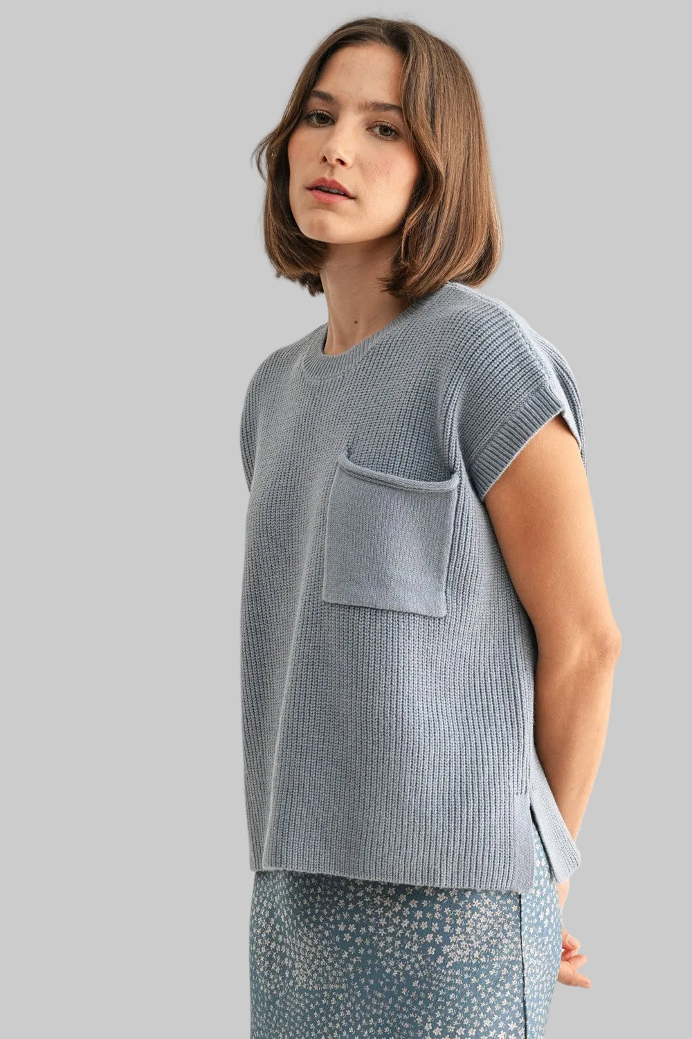 SHORT SLEEVE CREW NECK SWEATER - BLUE